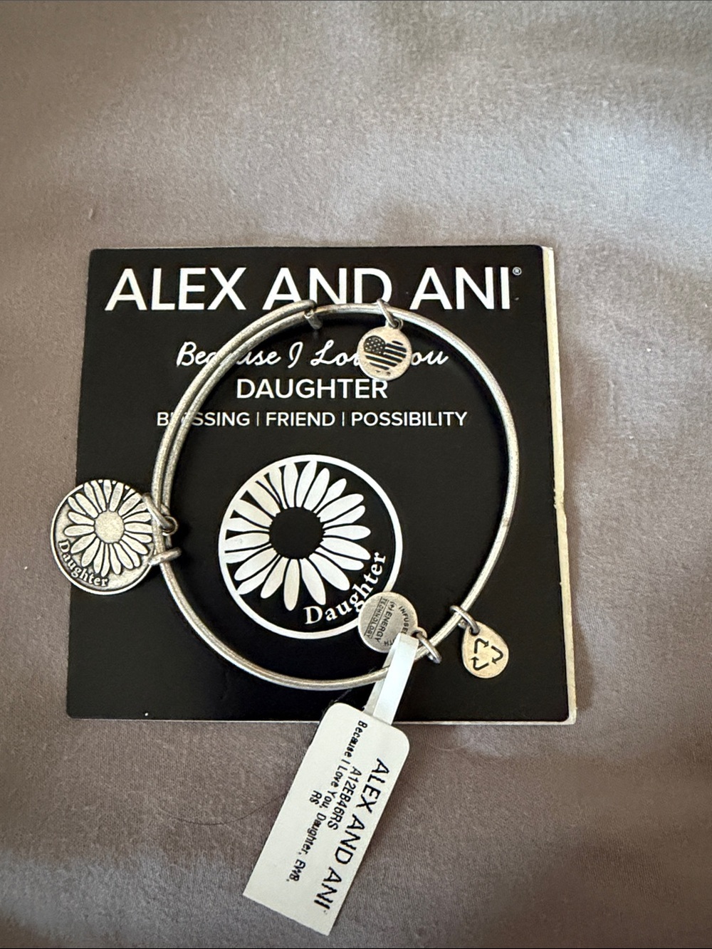 Alex and Ani Silver Daughter Charm Bangle with Daisy and Heart Accents